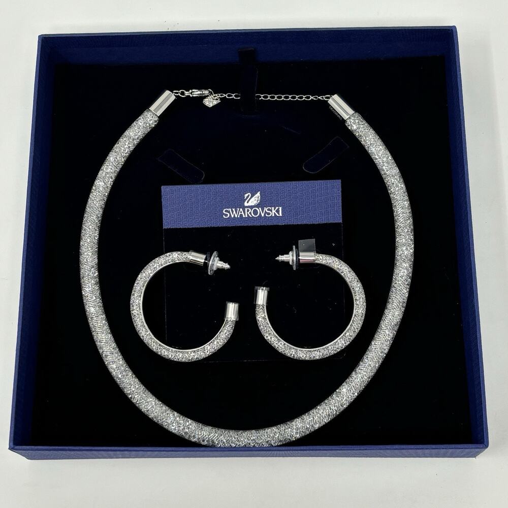 Swarovski Stardust Deluxe Clear Crystal Fishnet Tube Necklace With Earrings